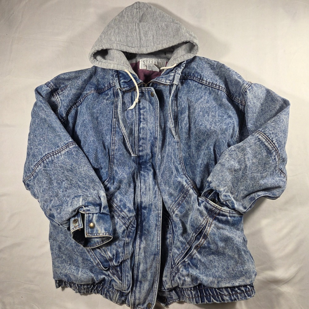 Vintage Stefano World Wide Acid Wash Denim Hooded Jacket Blue